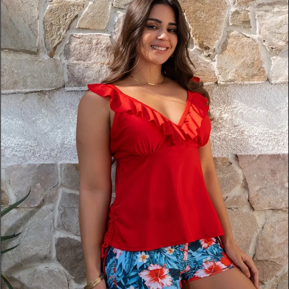 Plus Size Vibrant Red Ruffled Women's Swimsuit Set - Picture 2 of 4
